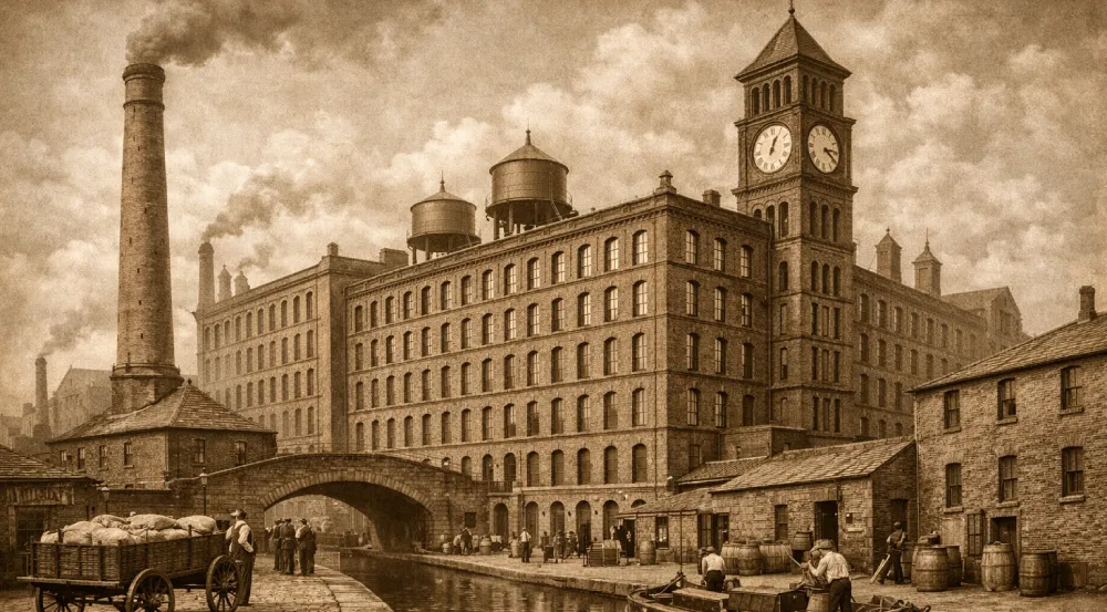 Historic industrial mill complex with clock tower, smokestacks, canal boat, and workers in sepia-toned Victorian era scene