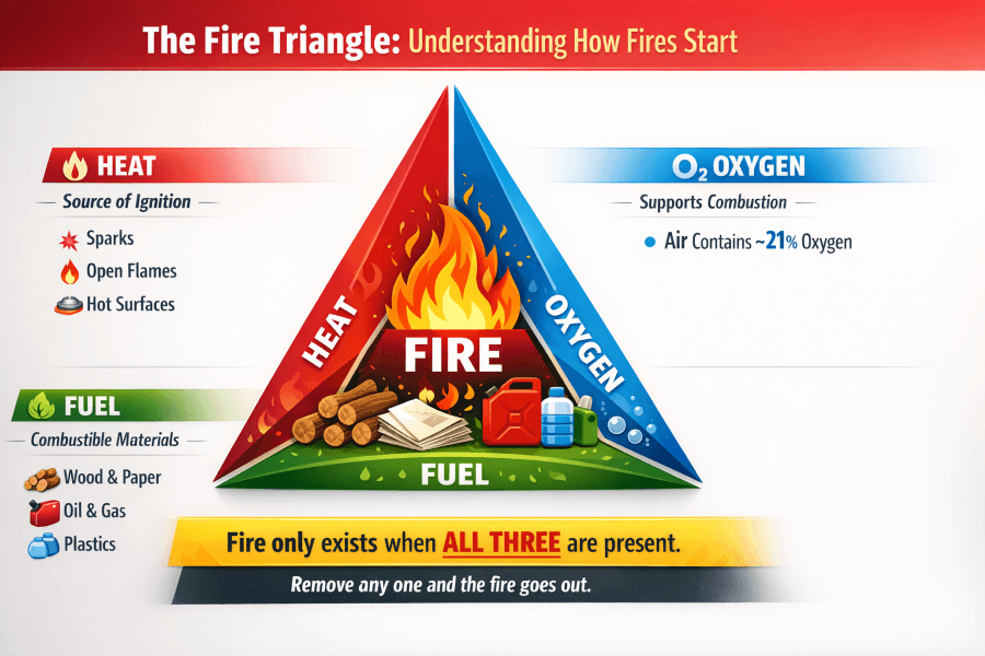 Fire triangle diagram showing three essential elements for fire: heat (sparks, flames, hot surfaces), oxygen (21% in air), and fuel (wood, paper, oil, gas, plastics)